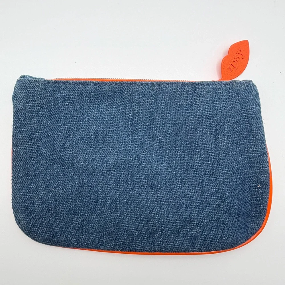 Ipsy Denim Makeup Bag Cosmetic Pouch Orange Lining‎ Zipper Glam Bag
